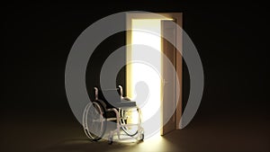 Light shines from a doorway illuminating a handicapped cart in a dark room. Fills the space with bright white light.