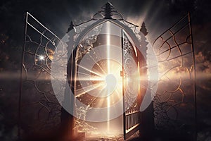 Light shining through a gate concept. Supernatural entry to afterlife, heaven, dimension. Generative Ai