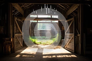 light shining through the open barn doors, illuminating a beautiful rustic scene