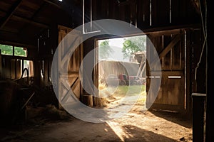 light shining through the open barn doors, illuminating a beautiful rustic scene