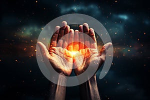 Light shinning in the hands, praying or meditating, belief, consciousnes and spirituality, religion, hope and faith