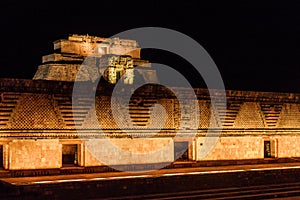 Light show at Nun`s Quadrangle Cuadrangulo de las Monjas building complex at the ruins of the ancient Mayan city Uxmal