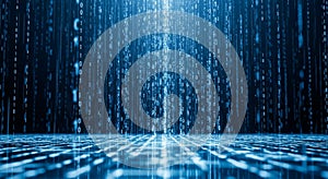 Digital Rain of Binary Code Falling on a Grid of Data