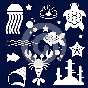 Light silhouettes of different sea animals, fish and marine objects on a white background.