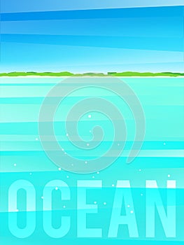 Light simplified ocean background with tropical island. Vector illustration, eps10.