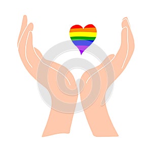 Light-skinned hands hold a rainbow heart. LGBT PERSON.Flat illustration.Love and happiness.Valentine s day.Day of lovers.Wedding.