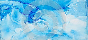 Light sky blue alcohol ink abstract background. Flow liquid watercolor paint splash texture effect illustration for card design