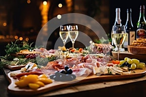 Light snacks in a plate on a buffet table. Assorted mini canapes, delicacies and snacks, restaurant food at event. A