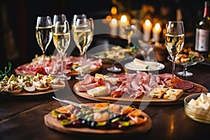 Light snacks in a plate on a buffet table. Assorted mini canapes, delicacies and snacks, restaurant food at event. A