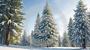 Light snow covered christmas tree in winter green forest at sunny day