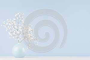 Light soft elegant home decor with small airy flowers in glossy pastel blue vase on wood table and blue wall.