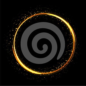 Light sparkling circle on black background. Fire ring glowing trace. Vector fire gold circle.