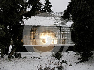 The light from the spotlights illuminates the space inside the greenhouse in winter surrounded by nature