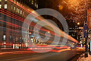 Light streaking from city bus in Chicago