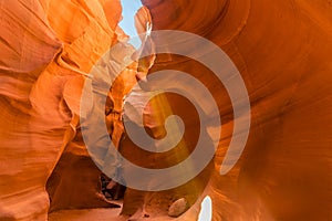 Light strikes the bottom of the canyon wall in lower Antelope Canyon, Page, Arizona