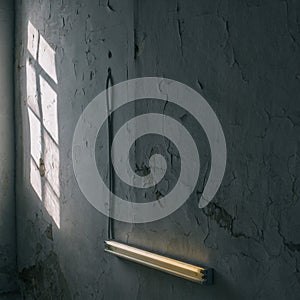 Light of the sun mirrored on the wall of an old building through the window