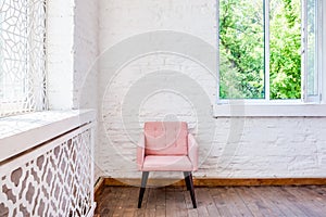 Light sunny interir with white brick wall,