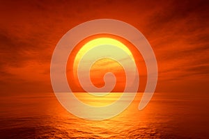 Light sunset orange sun calm orange sea with sun through nature horizon over the water with a cloudy sky