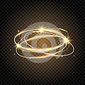 Light swirl. Glow shiny spiral. Gold circle line. Glowing magic fire ring. Sparkle swirl trail. Bright circle frame with