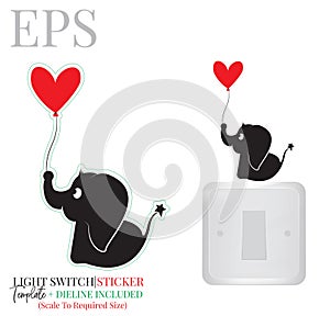 Light switch sticker, cute elephant silhouette with red heart balloon, vector. Elephant illustration with red heart
