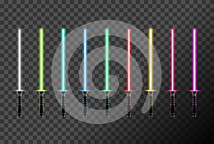 Light swords set on transparent background. Futuristic melee sci fi Weapon, cosmic shiny neon fighting instrument