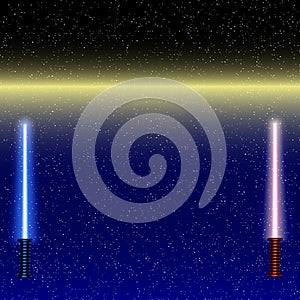 Light swords on Space Background. Vector illustration. Lightsaber on The Night Sky.