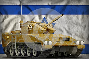 Light tank apc with desert camouflage on the Israel national flag background. 3d Illustration