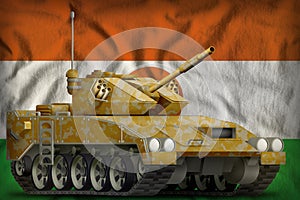 Light tank apc with desert camouflage on the Niger national flag background. 3d Illustration