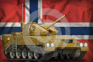 Light tank apc with desert camouflage on the Norway national flag background. 3d Illustration