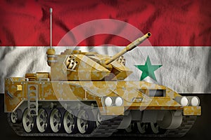 Light tank apc with desert camouflage on the Syrian Arab Republic national flag background. 3d Illustration