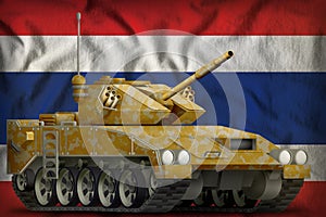 Light tank apc with desert camouflage on the Thailand national flag background. 3d Illustration