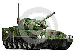 Light tank apc with summer camouflage with fictional design - isolated object on white background. 3d illustration