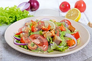 Light tasty salad with meat of a cancer, shrimps, lettuce, garlic croutons, tomatoes, red onions