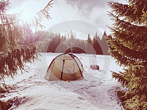 Light tent set on snow in winter forest in mountains