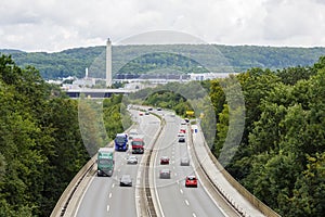 A light traffic jam with rows of cars. Traffic on the highway.