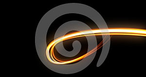 Light trail, orange neon glowing wave swirl spin trace, energy flash and fire light line effect. Magic glow swirl trace path,