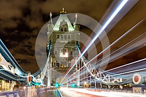 Light trails along Tower Bridge in London, UK