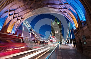 Light trails along Tower Bridge in London