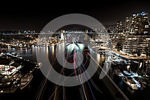 Light trails from boats near English Bay, Vancouver, returning from thae fireworks display, Celebration of Light.