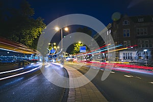 Light trails of buses and traffic in Amsterdam, Netherlands