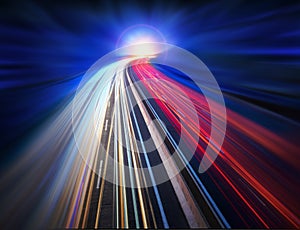 Light trails of cars on the night car road. Creative background design, motion and blur. Long exposure