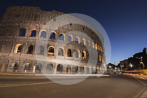 Light trails at Colosseum in Rome at dusk