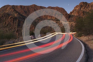 Light trails on a desert road