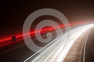 Light trails on a foggy motorway