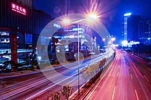 Light trails formed by city night traffic, Chongqing, China