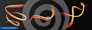 Light trails, golden glitter glow and sparkling flare spiral swirls on transparent background. Abstract vector fire light effect photo