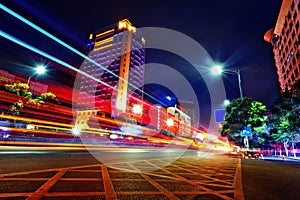 Light trails on the modern building