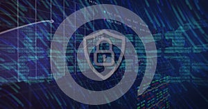 Light trails over security padlock and chain icon against data processing on blue background