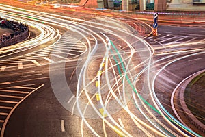 Light trails on the roundabout road