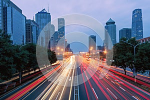 Light trails on the street at Beijing Central Business district